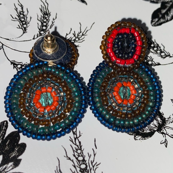 * hand Beaded double circular stud Earrings multi earth tone colors 1” long - Picture 3 of 6
